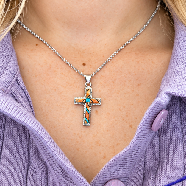 Sterling Silver Orange Spiny Oyster and Opal Inlaid Cross Pendant