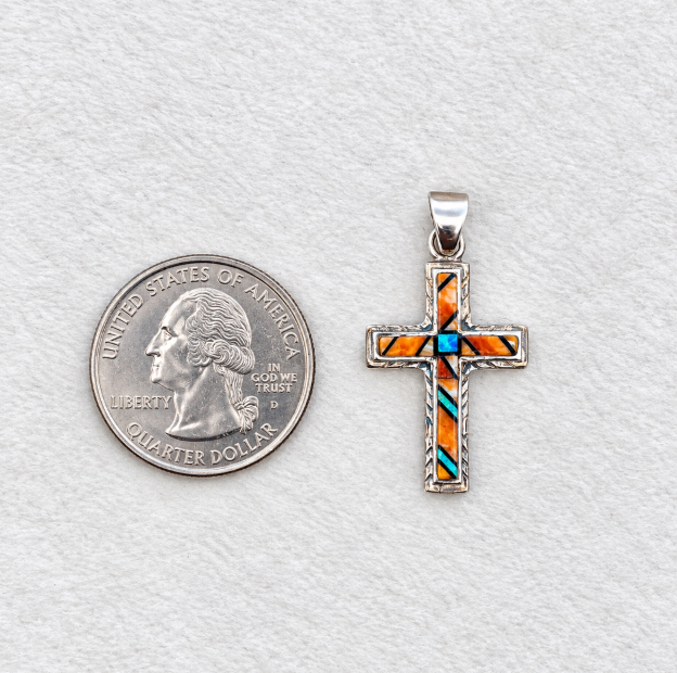 Sterling Silver Orange Spiny Oyster and Opal Inlaid Cross Pendant