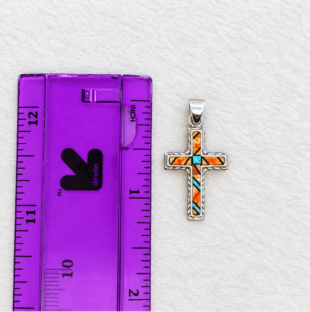 Sterling Silver Orange Spiny Oyster and Opal Inlaid Cross Pendant