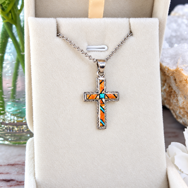 Sterling Silver Orange Spiny Oyster and Opal Inlaid Cross Pendant