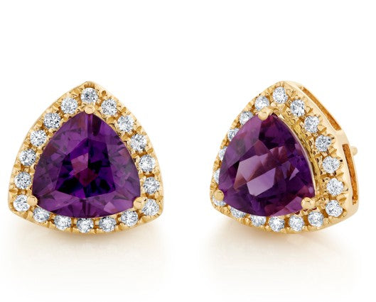 Arizona Amethyst Gold Jewelry Trillion Halo Earrings