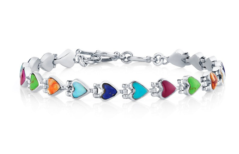 Sterling Silver American Turquoise and Created Opal Inlaid Multicolored Heart Link Bracelet