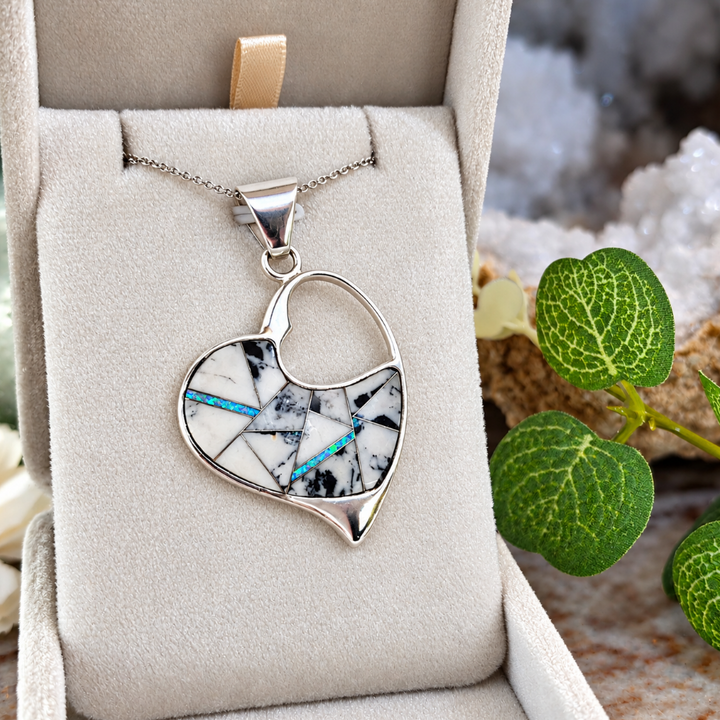 Sterling Silver White Buffalo Turquoise and Opal Heart Pendant