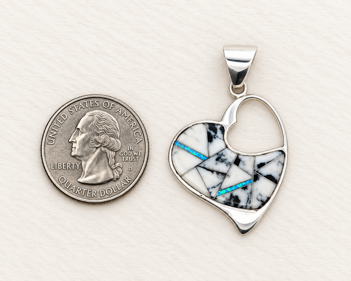 Sterling Silver White Buffalo Turquoise and Opal Heart Pendant