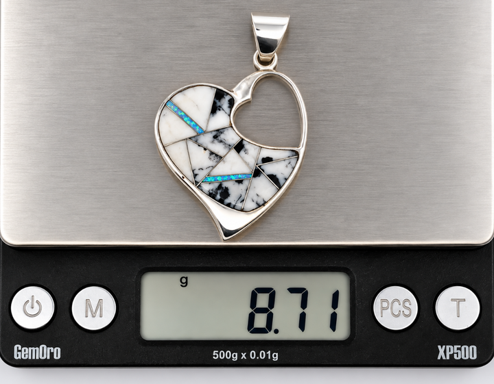 Sterling Silver White Buffalo Turquoise and Opal Heart Pendant