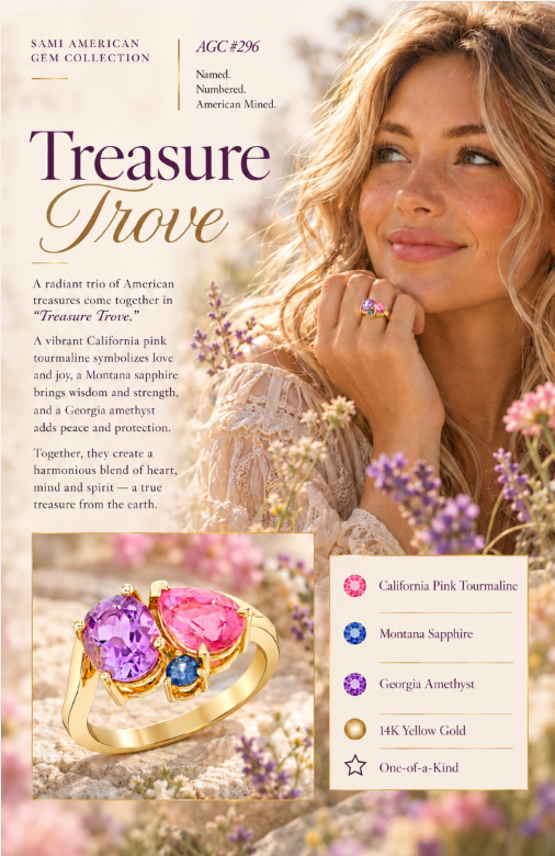 American Gem Collection #296 "Treasure Trove" Georgia Amethyst California Tourmaline and Montana Sapphire Ring