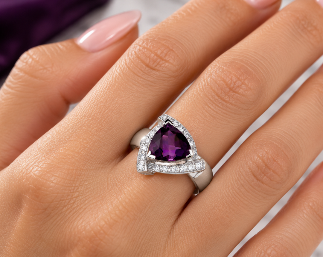 14K White Gold Trillion Cut Arizona Amethyst Modern Halo Ring