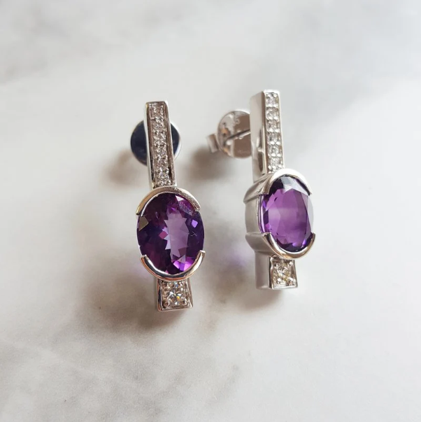 14K White Gold Oval Arizona Amethyst and Diamond Rod Earrings