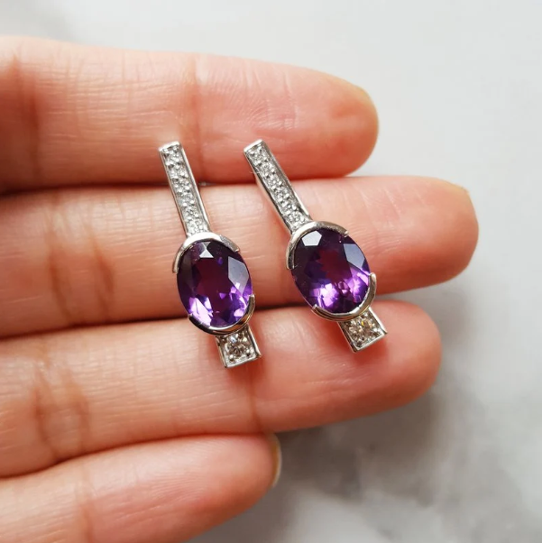 14K White Gold Oval Arizona Amethyst and Diamond Rod Earrings