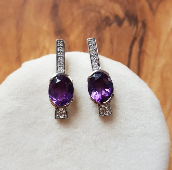 14K White Gold Oval Arizona Amethyst and Diamond Rod Earrings