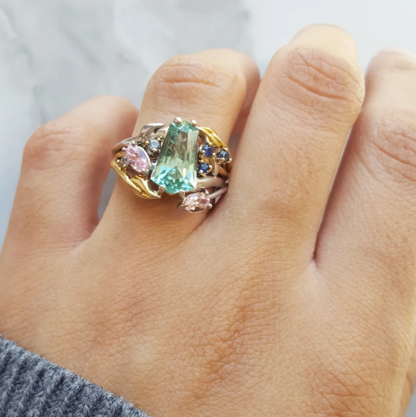 American Gem Collection #295 "Fields of Cali" California Tourmaline and Montana Sapphire Ring