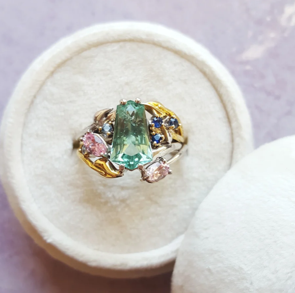 American Gem Collection #295 "Fields of Cali" California Tourmaline and Montana Sapphire Ring