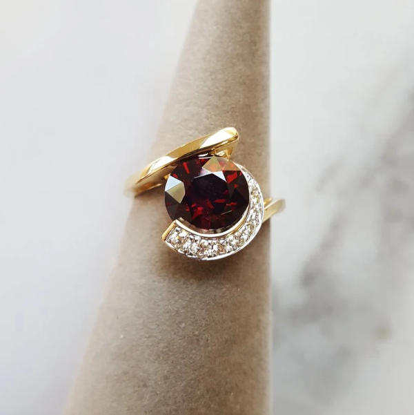 14K Yellow Gold Arizona Anthill Garnet and Diamond Asymmetrical Ring