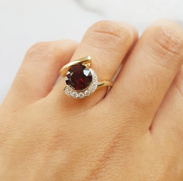 14K Yellow Gold Arizona Anthill Garnet and Diamond Asymmetrical Ring