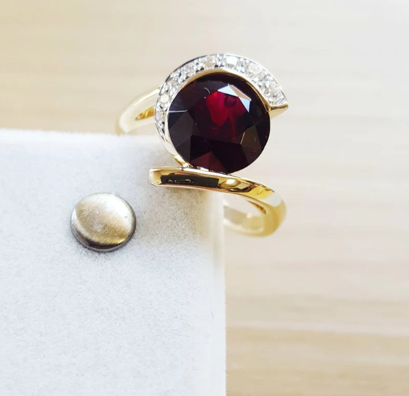 14K Yellow Gold Arizona Anthill Garnet and Diamond Asymmetrical Ring
