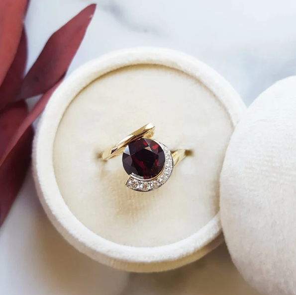 14K Yellow Gold Arizona Anthill Garnet and Diamond Asymmetrical Ring