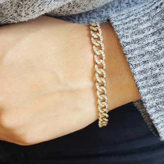 14K Yellow Gold Pave Set Diamond Curb Bracelet