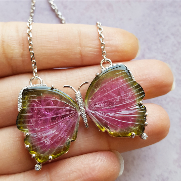 American Gem Collection #280 "Flutter in Paradise" California Watermelon Tourmaline Butterfly Necklace