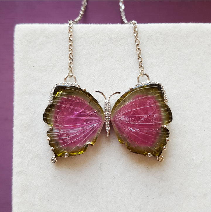 American Gem Collection #280 "Flutter in Paradise" California Watermelon Tourmaline Butterfly Necklace