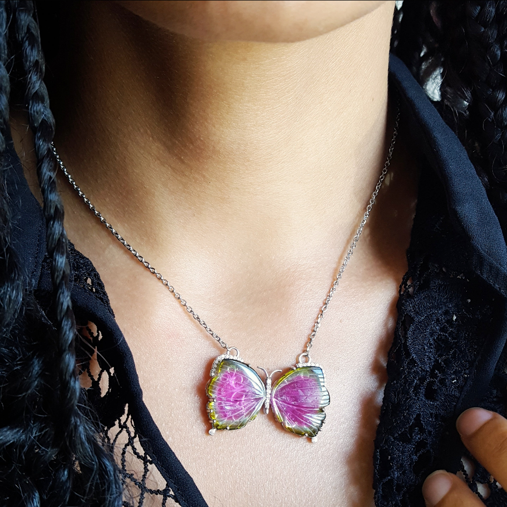 American Gem Collection #280 "Flutter in Paradise" California Watermelon Tourmaline Butterfly Necklace