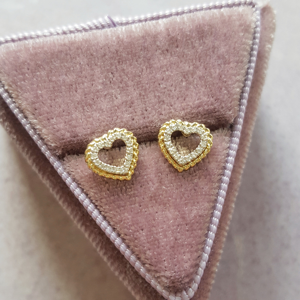 14K Yellow Gold Textured Double Outline Heart 1/20 Carat Diamond Earrings