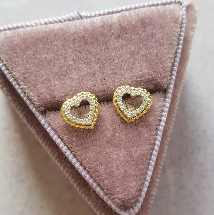 14K Yellow Gold Textured Double Outline Heart 1/20 Carat Diamond Earrings