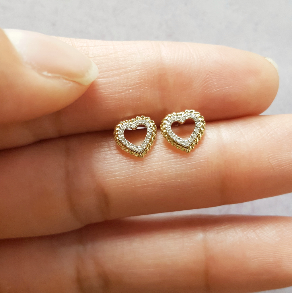 14K Yellow Gold Textured Double Outline Heart 1/20 Carat Diamond Earrings