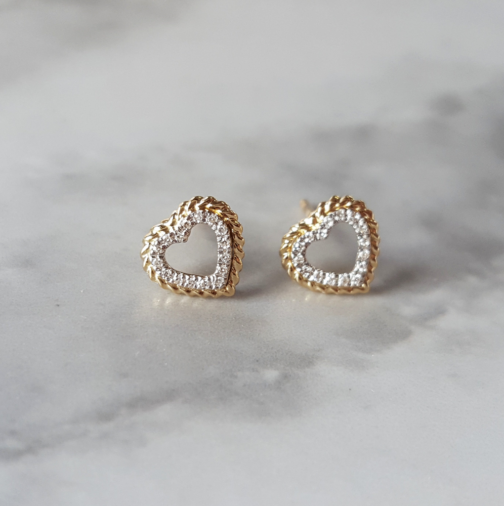 14K Yellow Gold Textured Double Outline Heart 1/20 Carat Diamond Earrings