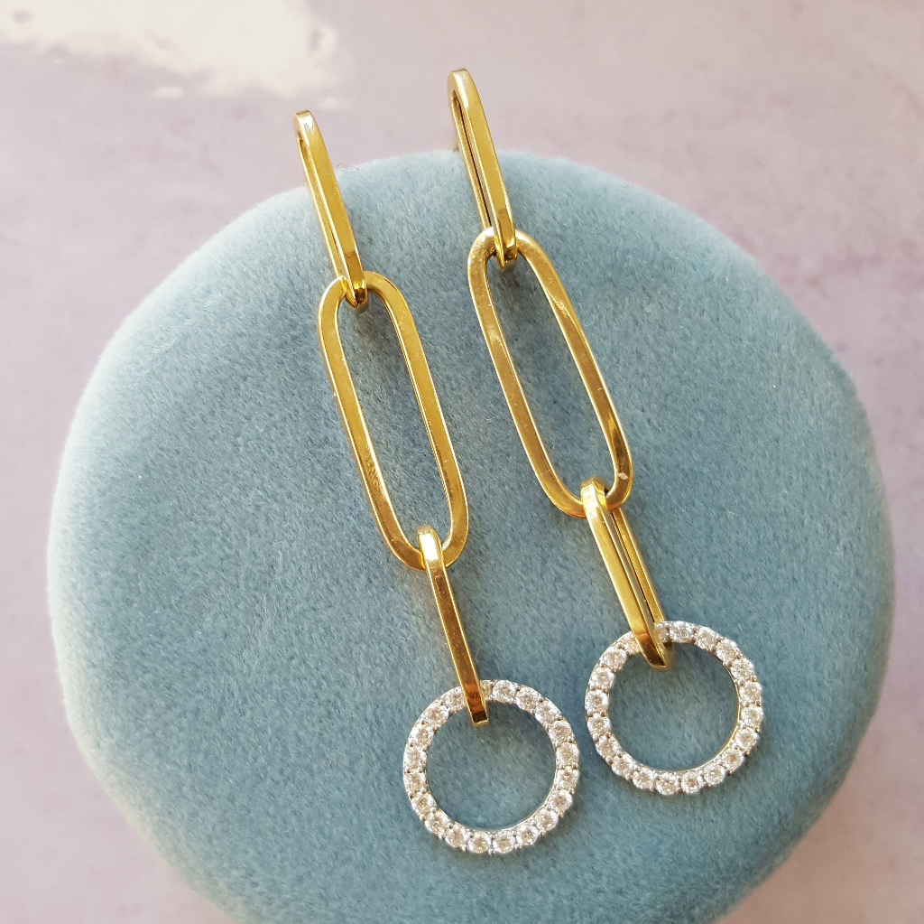 14K Two Tone Gold Modern Paperclip Link Diamond Earrings