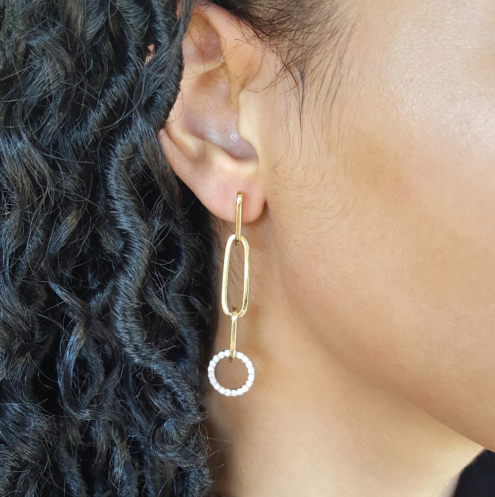 14K Two Tone Gold Modern Paperclip Link Diamond Earrings