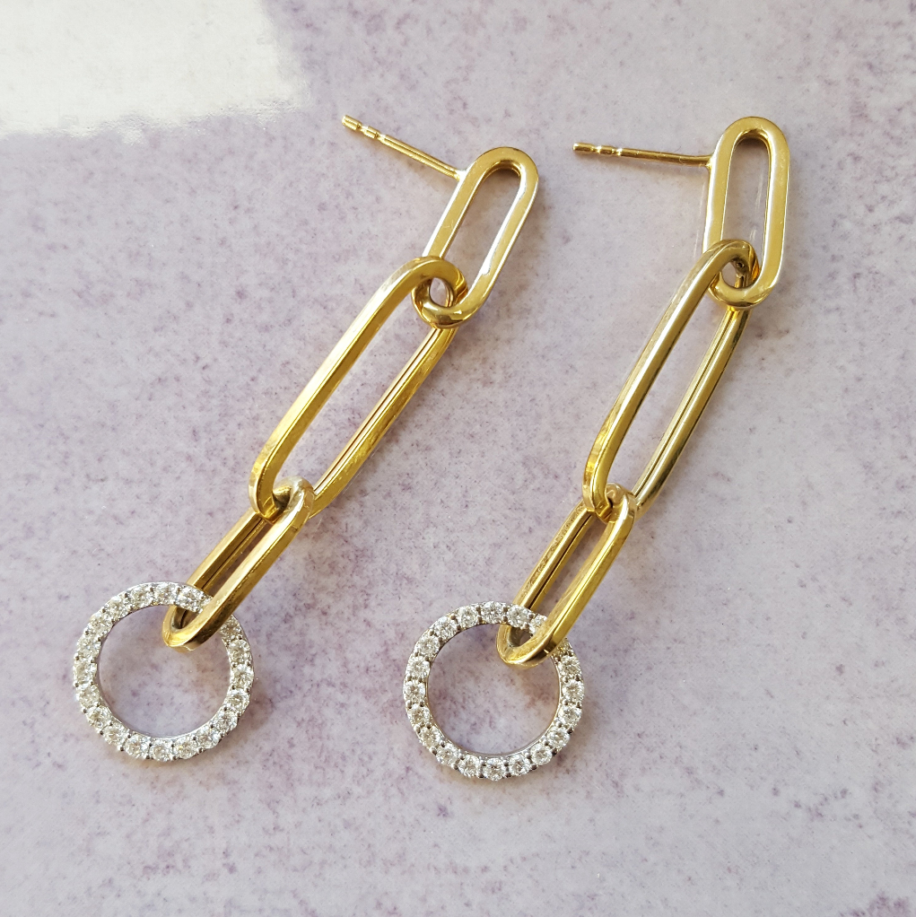 14K Two Tone Gold Modern Paperclip Link Diamond Earrings