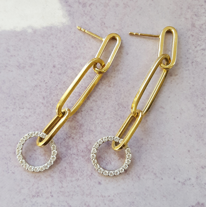 14K Two Tone Gold Modern Paperclip Link Diamond Earrings