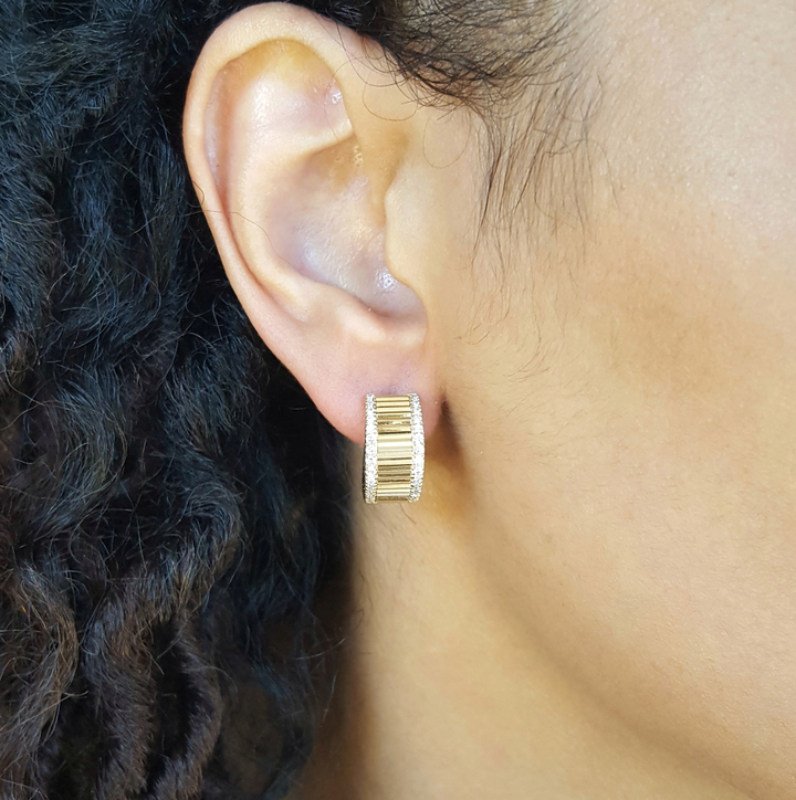 14K Yellow Gold Textured Diamond Small Hoop Earrings