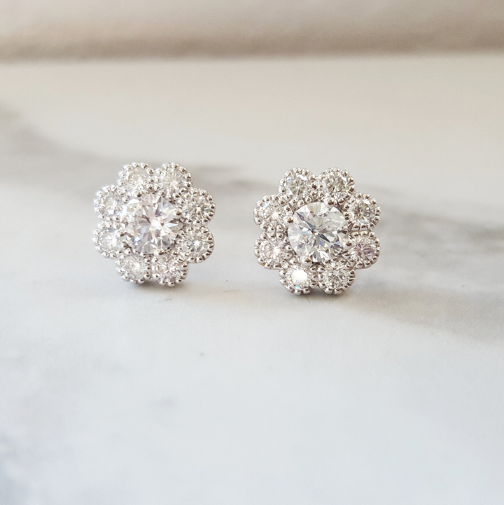 14K White Gold Diamond Blooming Flower Studs