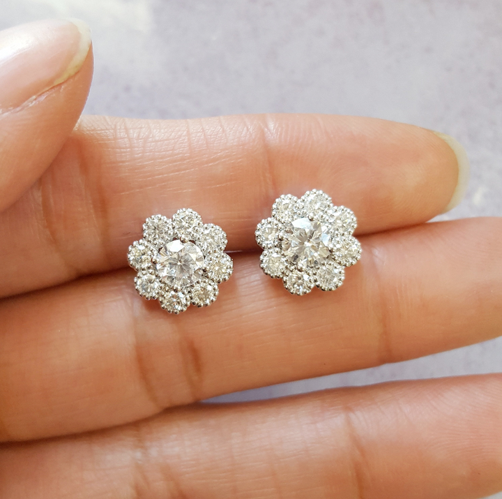 14K White Gold Diamond Blooming Flower Studs