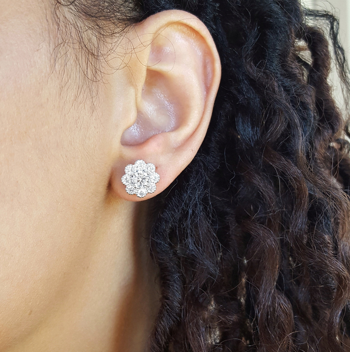 14K White Gold Diamond Blooming Flower Studs