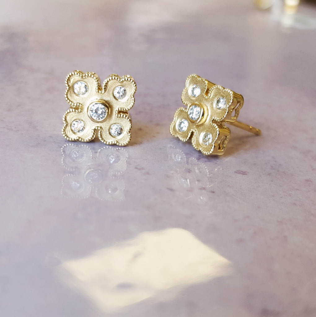 14K Yellow Gold Diamond Clover Studs