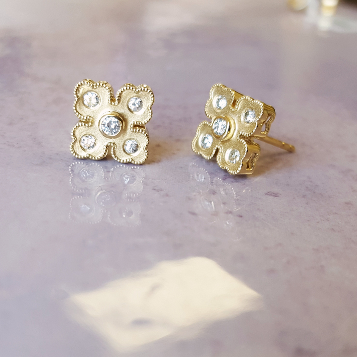 14K Yellow Gold Diamond Clover Studs