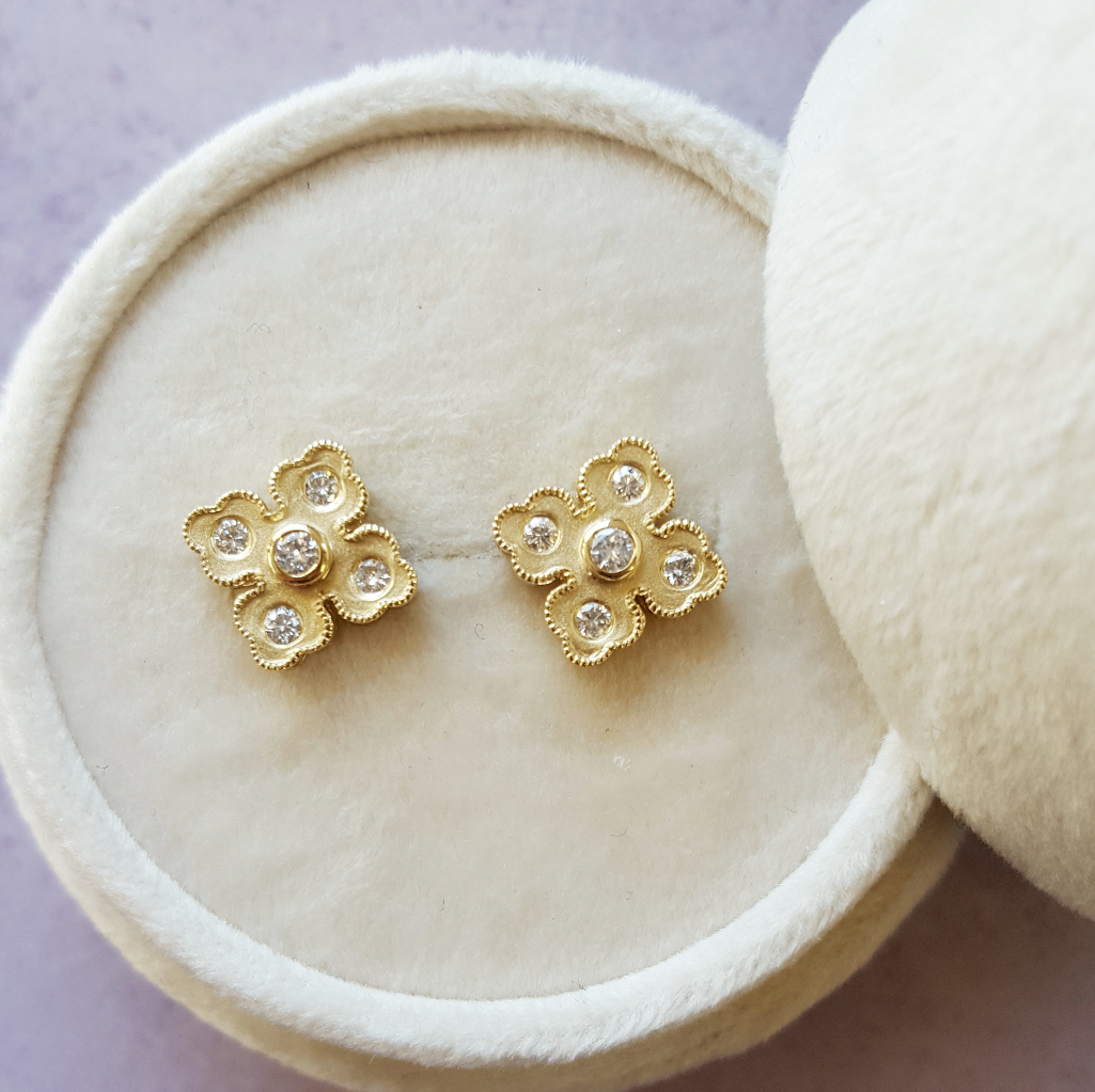 14K Yellow Gold Diamond Clover Studs