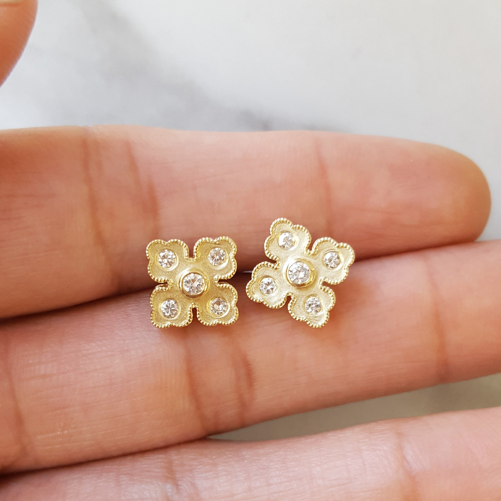 14K Yellow Gold Diamond Clover Studs