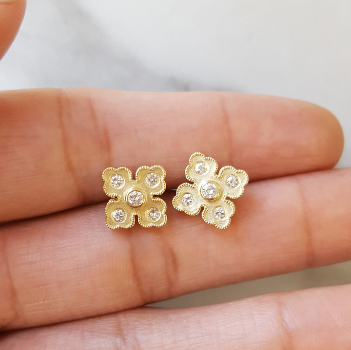 14K Yellow Gold Diamond Clover Studs