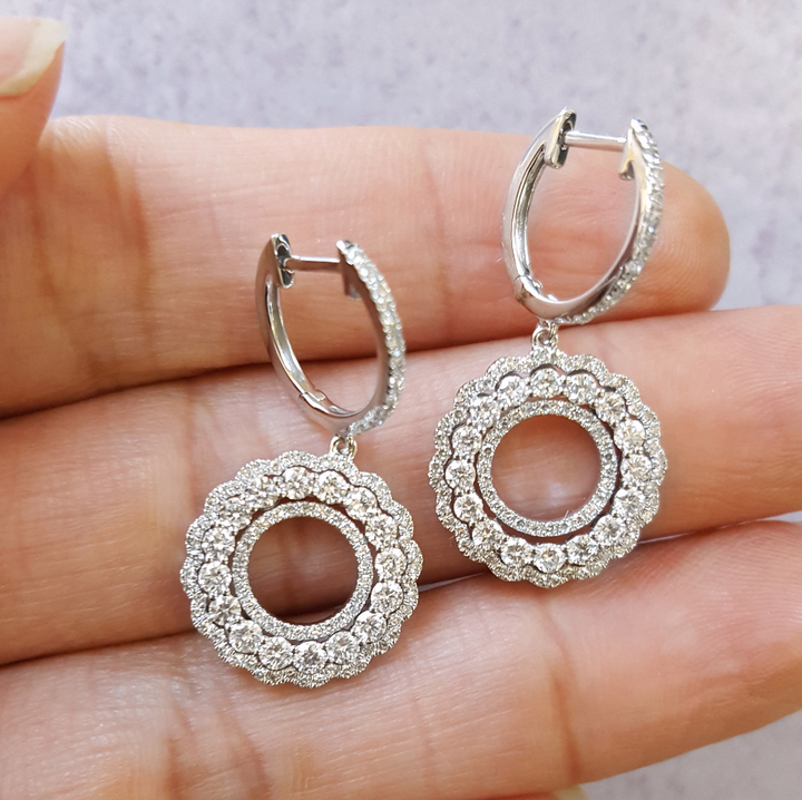 14k White Gold 1.25 Carat Diamond Circular Bloom Dangle Earrings