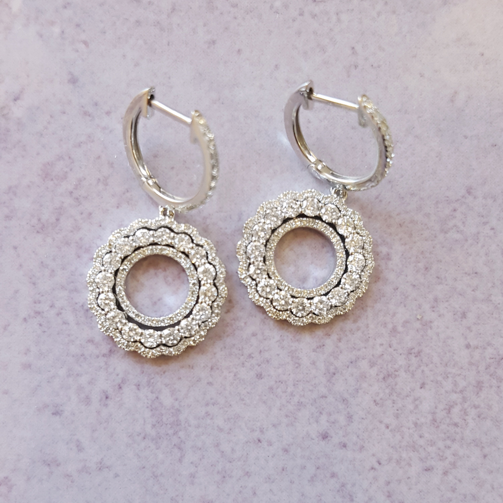 14k White Gold 1.25 Carat Diamond Circular Bloom Dangle Earrings