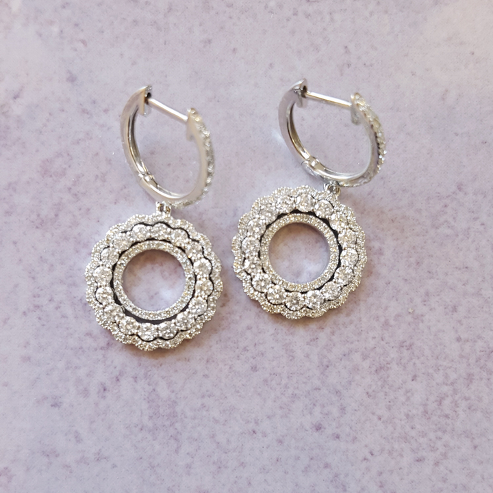 14k White Gold 1.25 Carat Diamond Circular Bloom Dangle Earrings