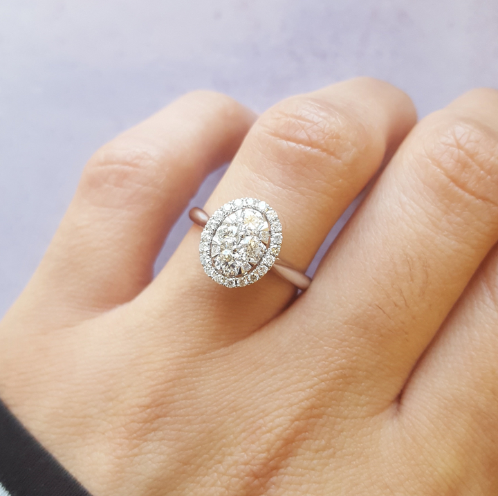 14K White Gold Oval Shaped Halo Diamond Cluster Ring