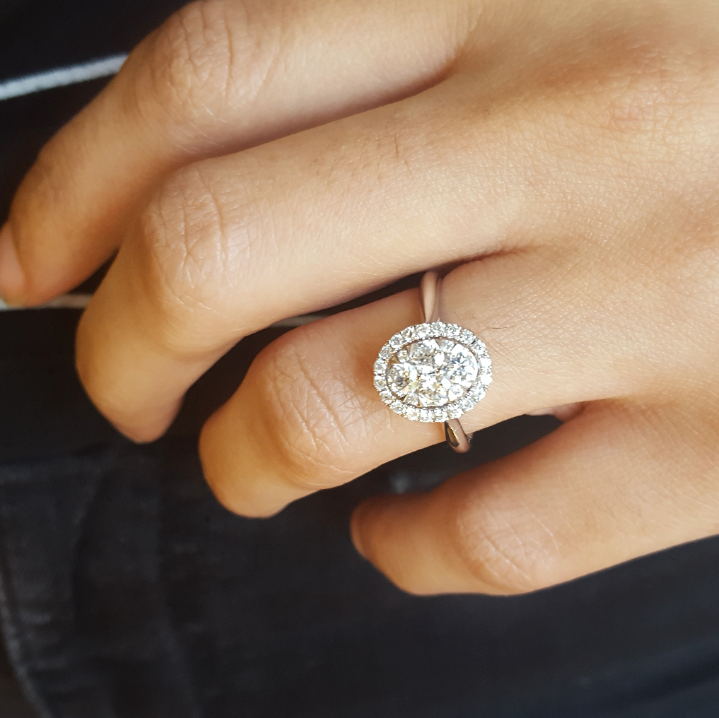 14K White Gold Oval Shaped Halo Diamond Cluster Ring