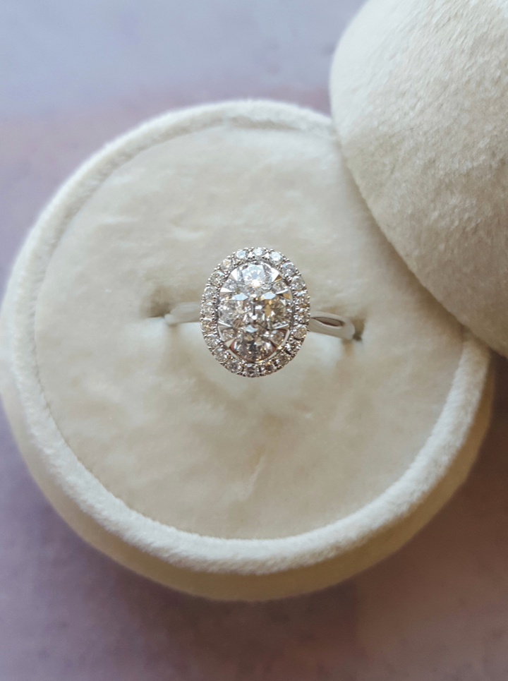 14K White Gold Oval Shaped Halo Diamond Cluster Ring