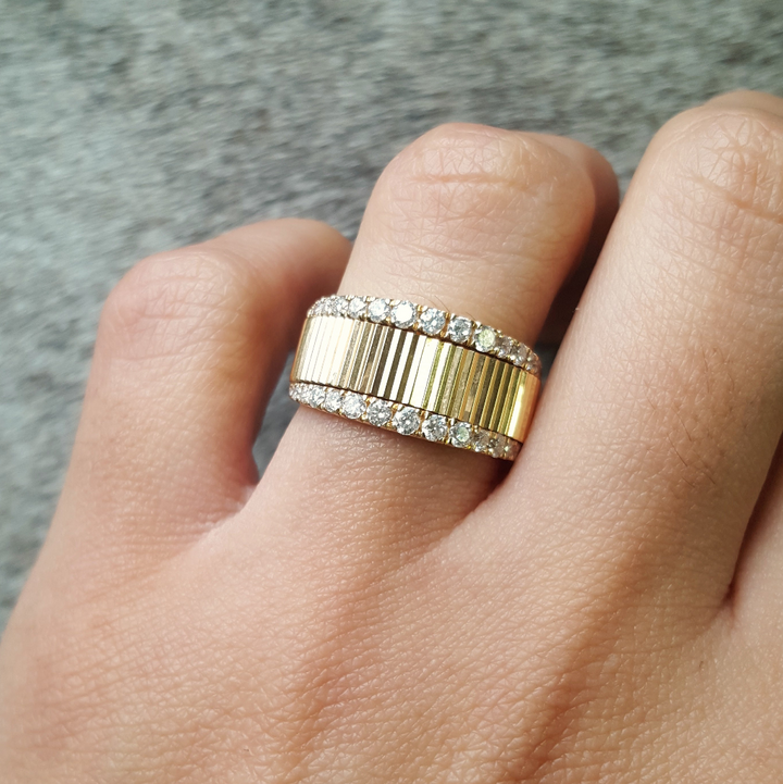 14K Yellow Gold Mirrored Wide Band Diamond Ring