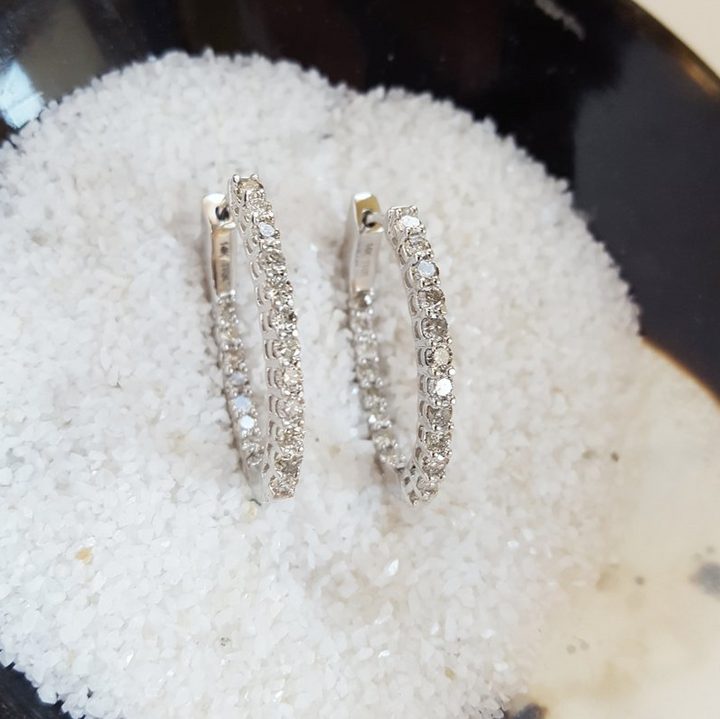 1 Carat Diamond 14K White Gold Inside Out Oval Hoop Earrings