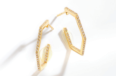 14K Yellow Gold Diamond Hexagon Hoop Earrings